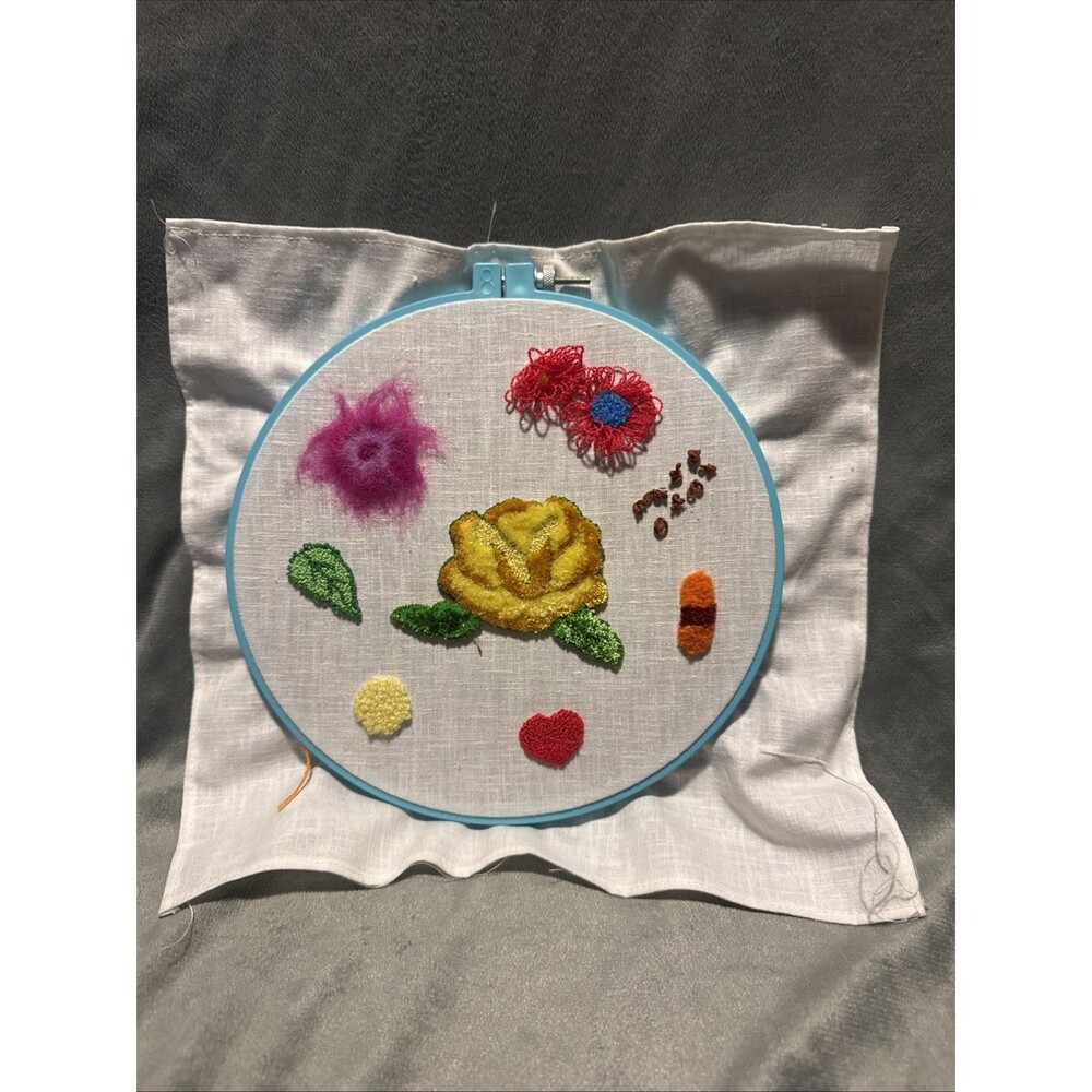 Vintage Handmade Punch Needle Embroidery Panel Floral With 8" Susan Bates Hoop